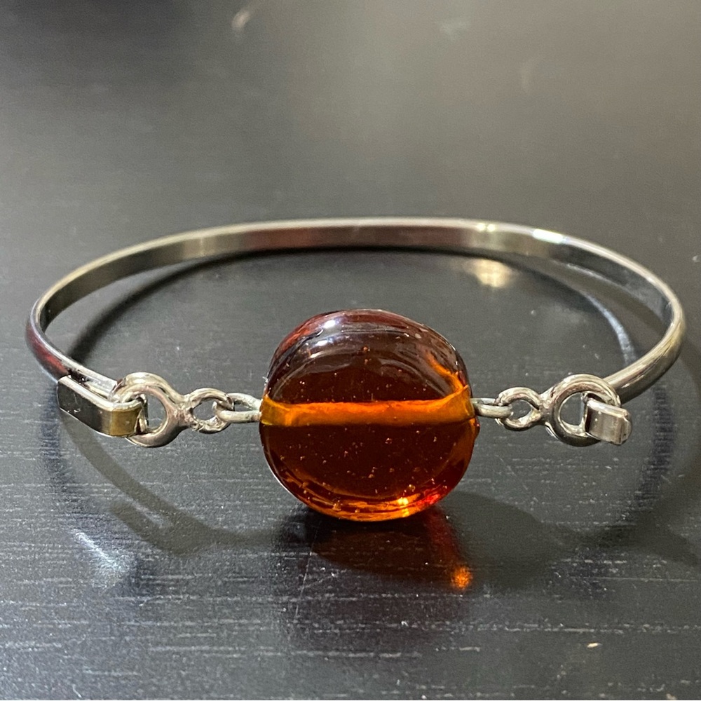 Silver Tone Bracelet with Large Amber Bead